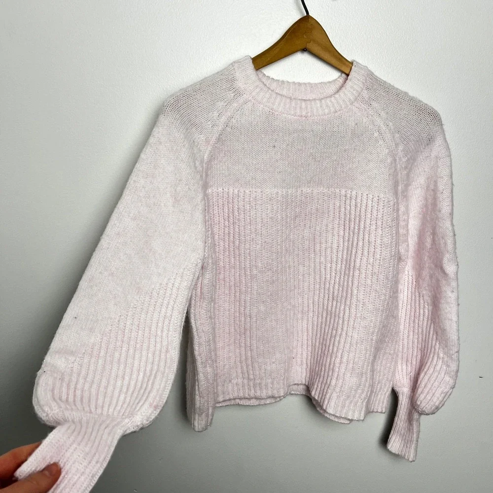 Single Thread Pink‎ Knit Sweater Balloon Sleeve Ribbed Texture Crew Women's M - Picture 2 of 5